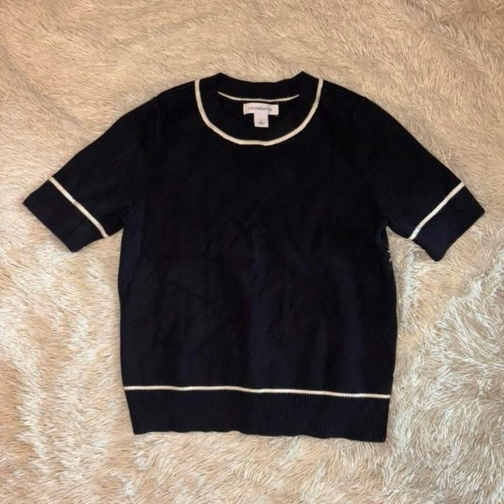 Short Sleeve Black Knit Sweater with Contrast Trim